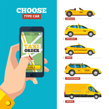 taxi order online. hand holding smartphone and view various type of taxi