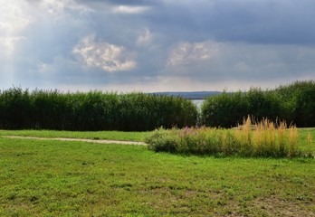 landscape with green field and blue sky