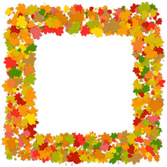 Naklejka na ściany i meble Frame of maple leaves. Decorative illustrated square frame of floral elements in orange, green, brown and yellow colors. Autumn colors vector banner of maple leaves.