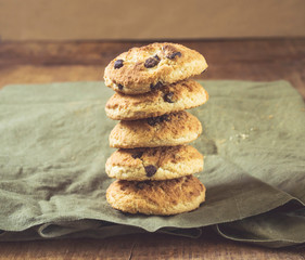 Chocolate chip cookies tower on the napkin