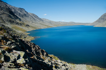 Obraz premium scenery landscape with Gjende lake, Besseggen ridge, Jotunheimen National Park, Norway