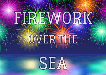 Horizontal Seamless Landscape Background, Night Tile Seascape, Silent Sea and Dark Blue Sky with Fireworks, Colorful Holiday Illustration for Your Design. Eps10, Contains Transparencies. Vector