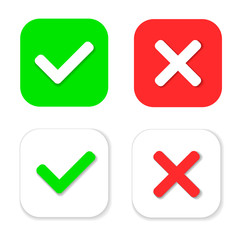 Yes or No icons. Green check mark and red cross icon isolated on white background. Check Mark Icons.