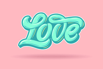 Love typography in the style of the punchy pastels. Pink background and blue letters in pastel colors. Used for invitations to the wedding, greeting cards, banners, flyers. Vector illustration.