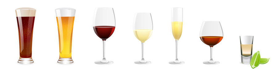 Alcoholic beverages vector set isolated on white background. Illustration with glass of beer, glass red and white wine, champagne for celebration design gift card
