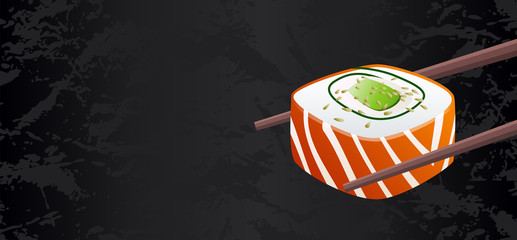 Smoked salmon classic sushi roll piece vector with chopsticks isolated on black textured background with blank copy space. Useful for sushi bar restaurant menu flyer, voucher, gift coupon, banner
