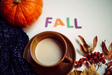 colorful letters Fall, Warm knitted scarf and cup of coffee with maple, Autumn leaves, pumpkin. Top view.
