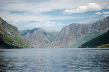 majestic landscape with beautiful mountains and calm water of Aurlandsfjord, Flam (Aurlandsfjorden), Norway
