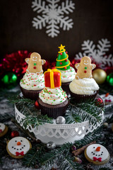 Christmas decoration on the cupcakes,selective focus
