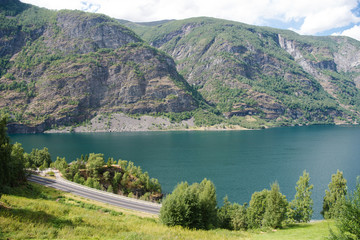 Aerial view of majestic landscape with beautiful mountains and Aurlandsfjord, Flam (Aurlandsfjorden), Norway