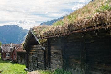 Fototapeta na wymiar Wooden building with grass growing on roof at Flam village, Aurlandsfjord, (Aurlandsfjorden), Norway