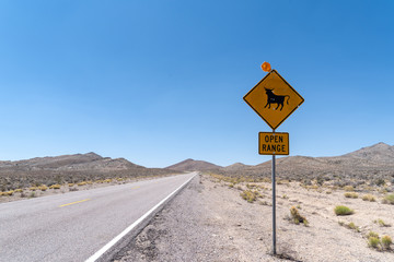 Open Range road sign warning drivers of cattle and cows near the road on Nevada's Extraterrestrial Highway