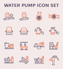 Water pump station icon. Consist of centrifugal, submersible and well pump. Powered by engine, hand and electric motor with solar energy. For produce flow and pressure to distribution or supply water.