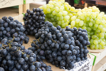 Fresh vegetables on stands of market in autumn