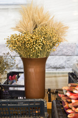 Fresh vegetables on stands of market in autumn
