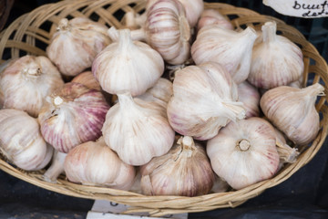 Fresh vegetables on stands of market in autumn