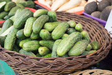 Fresh vegetables on stands of market in autumn