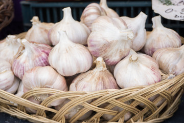 Fresh vegetables on stands of market in autumn