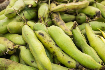 Fresh vegetables on stands of market in autumn
