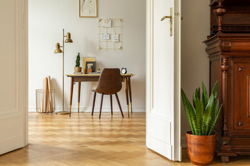 Green plant by white door into a freelancer's home office interior with golden, industrial floor...