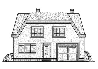 House illustration, drawing, engraving, ink, line art, vector