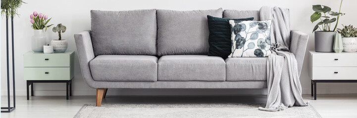 Real photo of grey lounge with knit blanket and cushions standing in bright sitting room interior with fresh plants and pink tulips