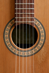 Obraz premium Closeup detail of classical guitar body and fingerboard.