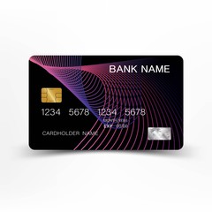 Luxurious credit card template design. With inspiration from the line abstract. Purple and black color on gray background illustration. Glossy plastic style.