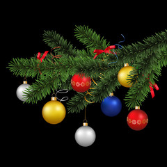 Vector realistic christmas coniferous tree branch decorated with baubles and ribbons on black background