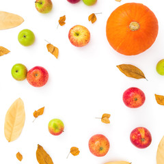 Autumn frame with fall leaves, apples and orange pumpkin on white background. Thanksgiving day. Flat lay, top view