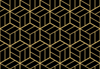 Abstract geometric pattern with stripes, lines. Seamless vector background. Black and gold ornament. Simple lattice graphic design