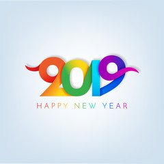 Inscription Happy new year 2019 on white background. Colorful inscription with 3d effect. Vector illustration.