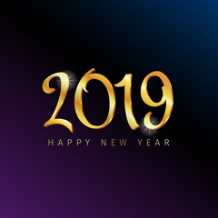 Inscription Happy new year 2019 on black background. Gold inscription with 3d effect. Vector illustration.