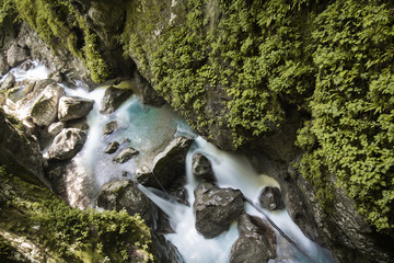top view from devil's bridge on beautiful tolmin gorges in triglav national park, slovenia