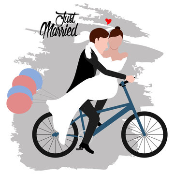 Groom and bride on a bicycle. Just married couple. Wedding concept image. Vector illustration design