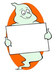 ghostly greeting card.  Ectoplasmic apparition holding a sign