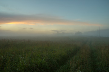 Fototapeta na wymiar Meadow With Way Road In Thick Fog After Rain In Countryside At Evening In Summer.