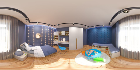 3d render spherical 360 degrees, seamless panorama of the children's bedroom in deep blue color. Visualization of the concept of interior design kids room for boy in a space theme.
