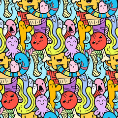 Obraz na płótnie Canvas Funny doodle monsters seamless pattern for prints, designs and coloring books