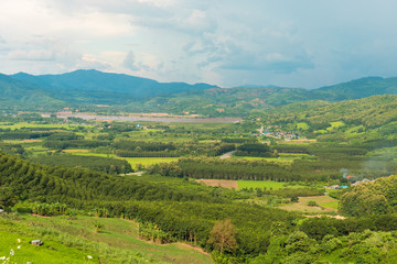 View of Chiang Khong district with khong river and Laos border and green mountain and nice sky