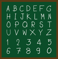The Roman Alphabet Free hand on green board., school concept.