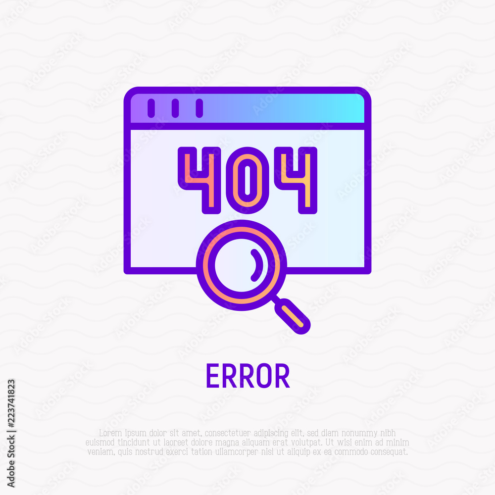 Poster error page thin line icon. window with 404 sign and magnifier. modern vector illustration.