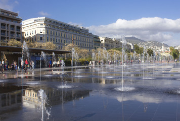 Promenade du Paillon in Nice, water reflections on the floor 