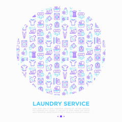 Laundry service concept in circle with thin line icons: washing machine, spin cycle, drying machine, fabric softener, iron, handwash, steaming, ozonation. Vector illustration, print media template.