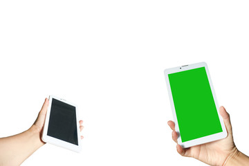 hand and smartphone phone on white background