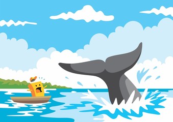 Cartoon illustration, a box people meet a big whale, vector eps 10