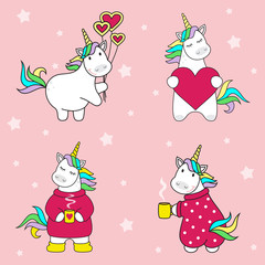 set of cute unicorn icons with balls, with a cup of tea, with a heart, rainbow and stars, child vector illustration, cartoon design