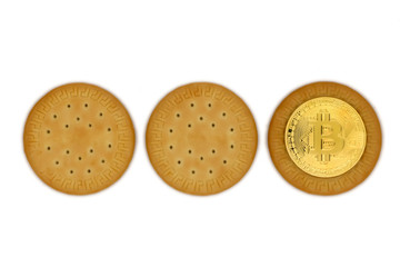 bitcoin and three cookies close-up, isolated
