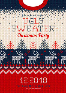 Ugly Sweater Christmas Party Invite, Knitted Background Pattern Scandinavian Ornaments