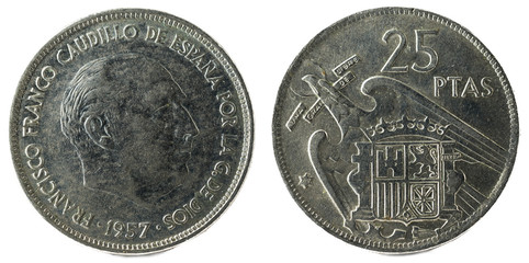 Old Spanish coin of 25 pesetas, Francisco Franco. Year 1957, 69 in the star. Obverse.
